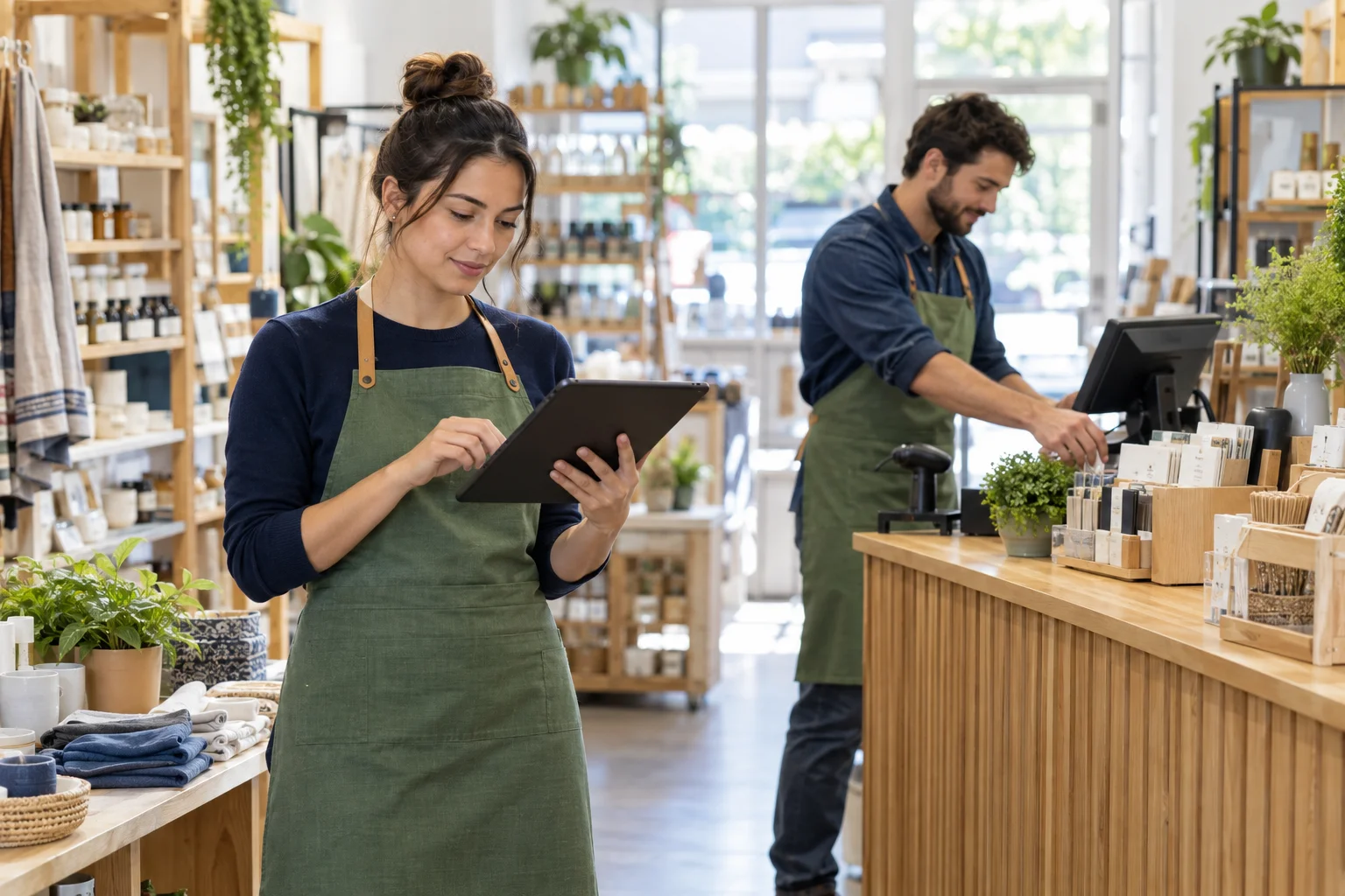 Empleada verificando la apertura de un comercio