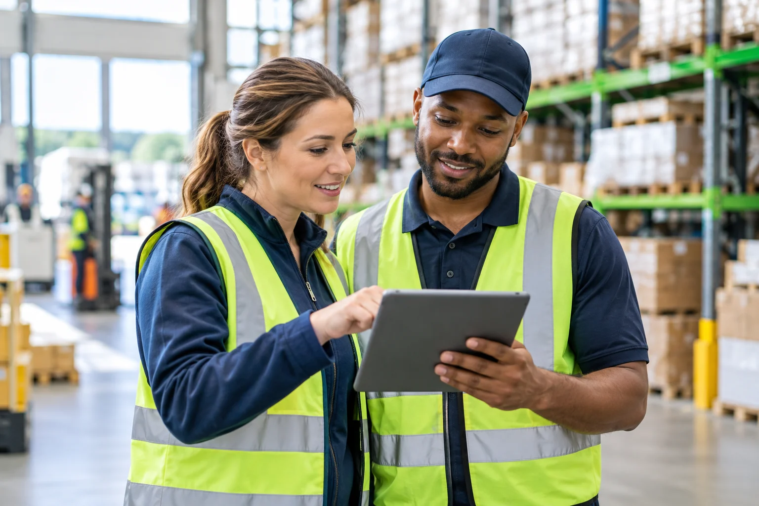 Supervisora y empleado revisando una tableta en un centro de distribución